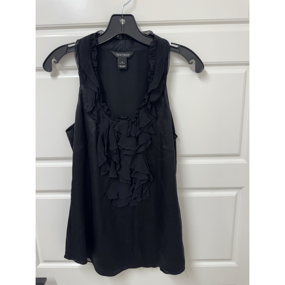 White House Black Market Women Black Sleeveless Ruffle Blouse Silk Small